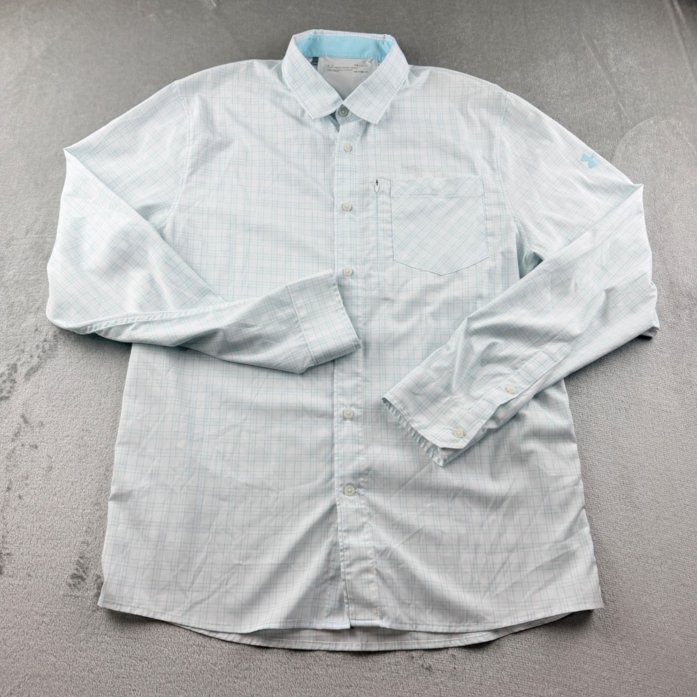 Under Armour HeatGear Men's Large Light Blue White Grid Plaid Button Down Shirt